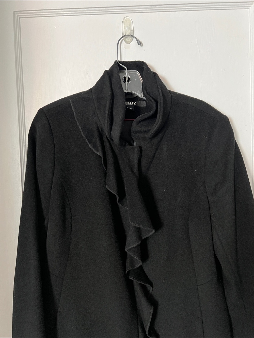 DKNY Black Ruffle-Front Dress Coat
